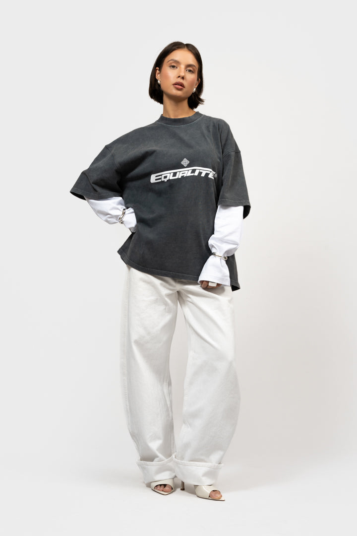 ENZO DOUBLE LAYER LONGSLEEVE TEE | WASHED GREY & WHITE