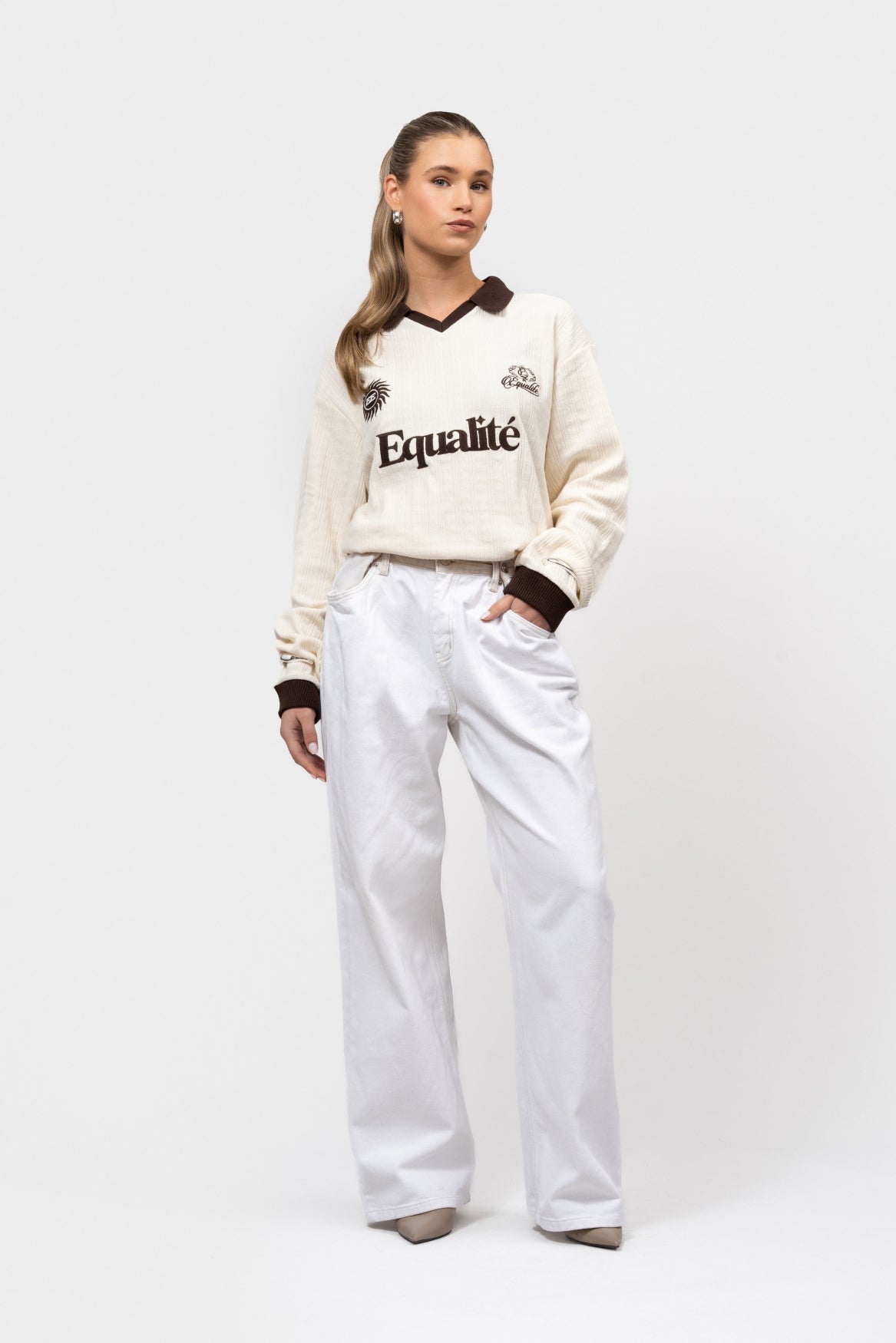 ASH KNIT LONGSLEEVE POLO | OFF-WHITE & BROWN