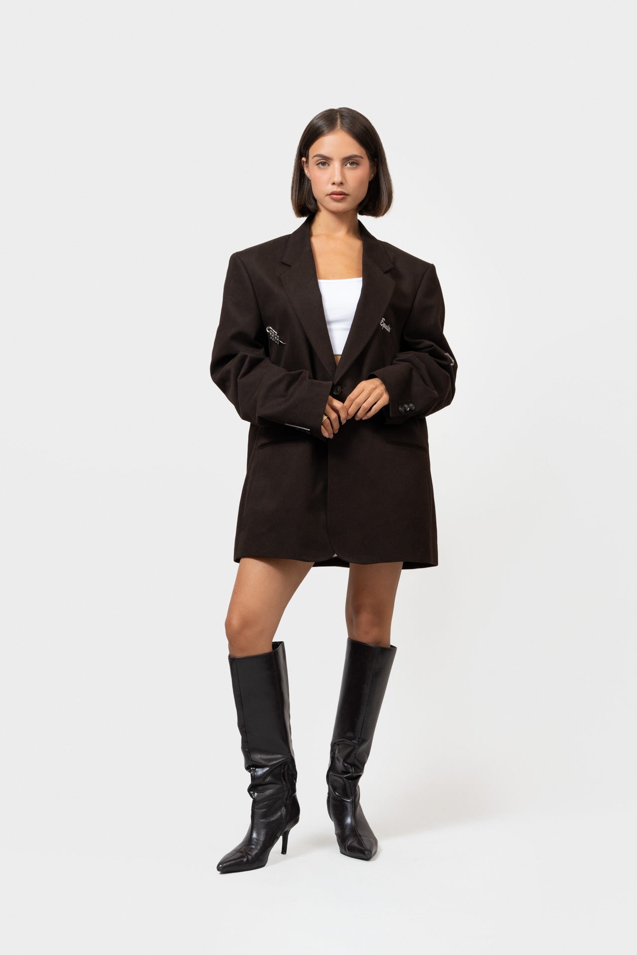 BROCHED OVERSIZED BLAZER | BROWN