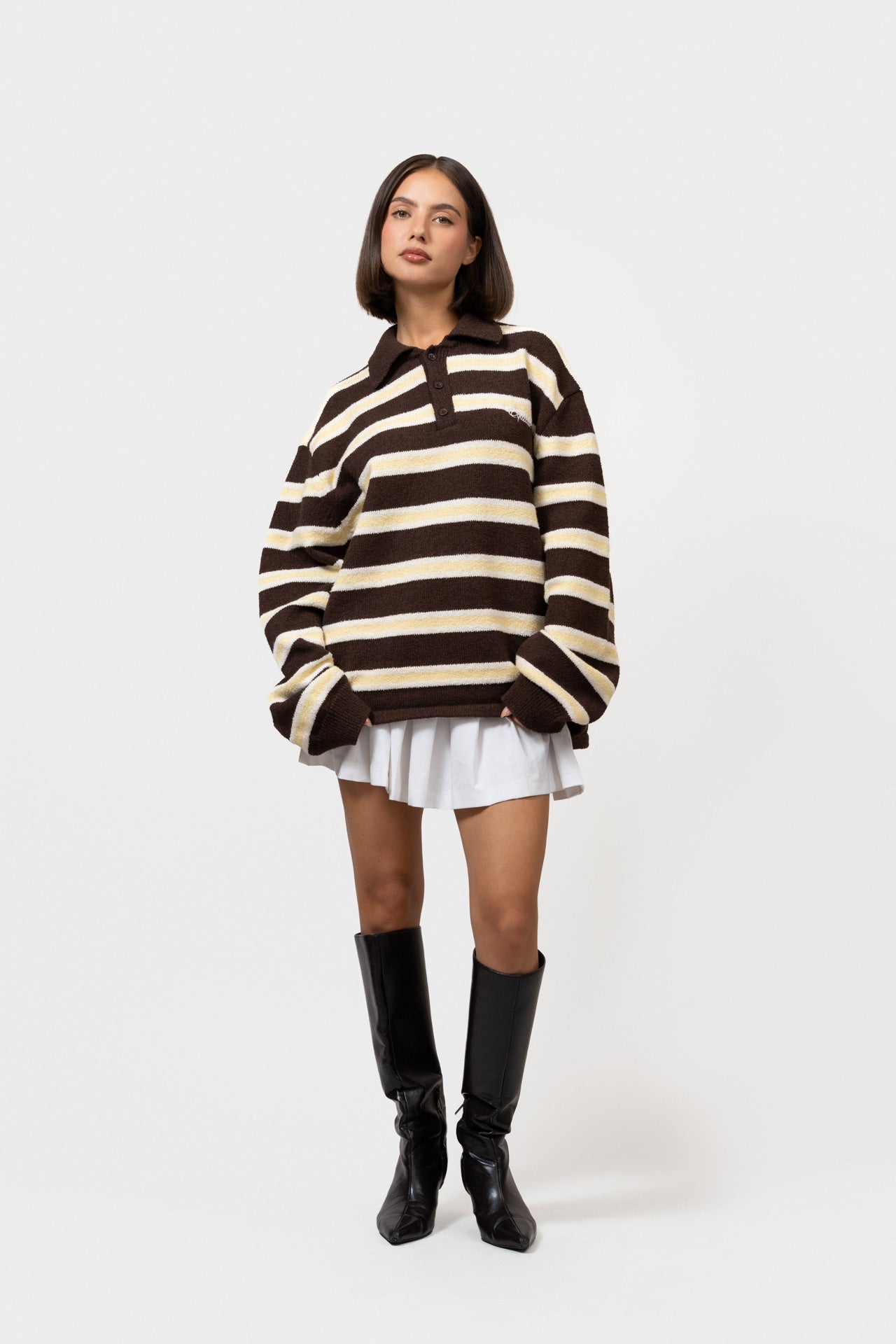 FINN KNIT POLO | STRIPED BROWN/YELLOW/WHITE