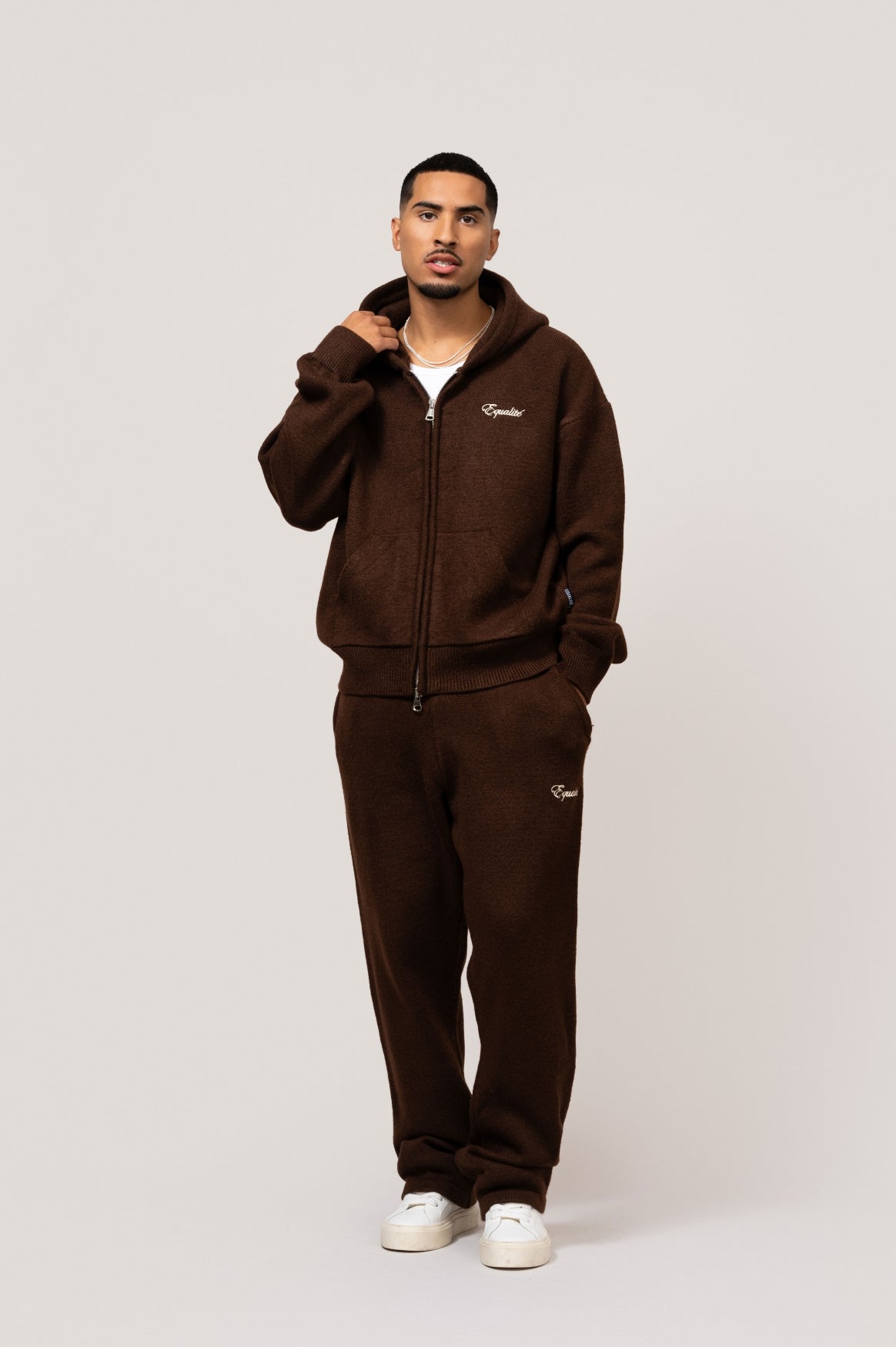FLUFFY KNIT FULL ZIP HOODIE | BROWN