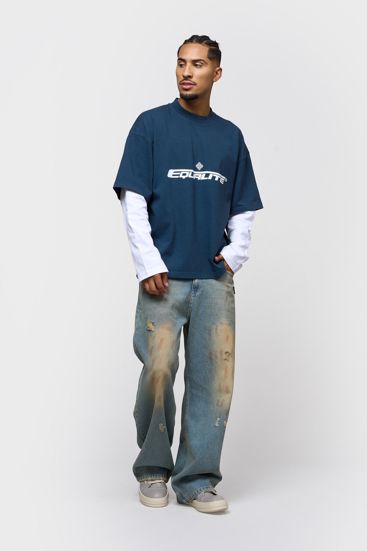 ENZO DOUBLE LAYER LONGSLEEVE TEE | WASHED NAVY & WHITE