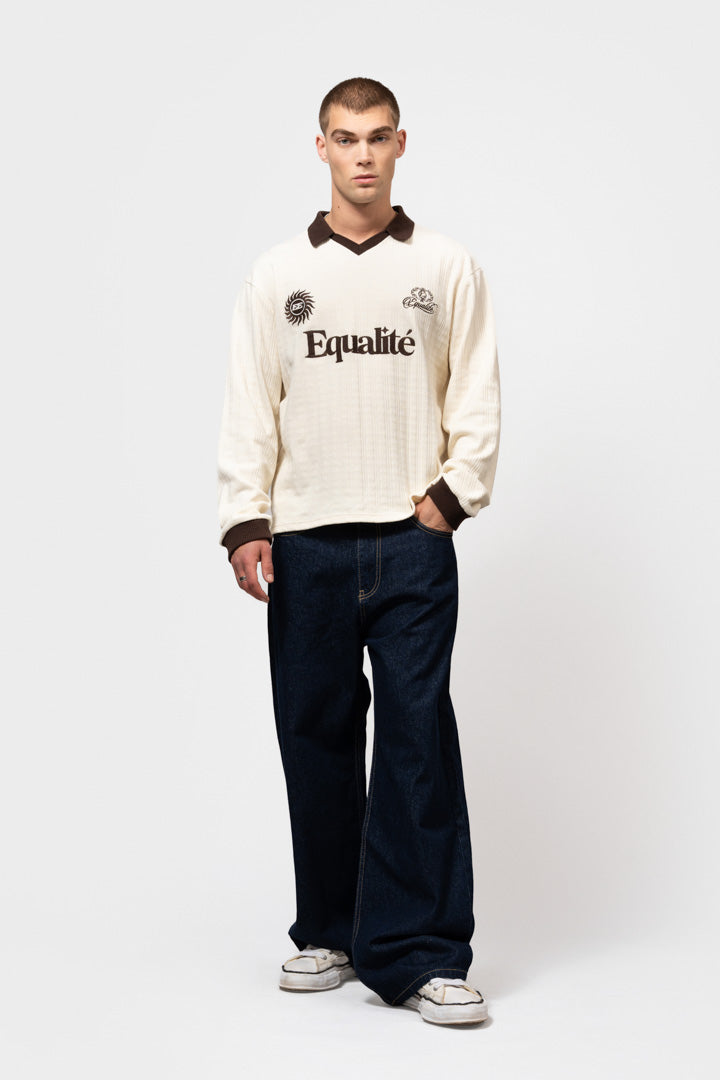 ASH KNIT LONGSLEEVE POLO | OFF-WHITE & BROWN - Equalité