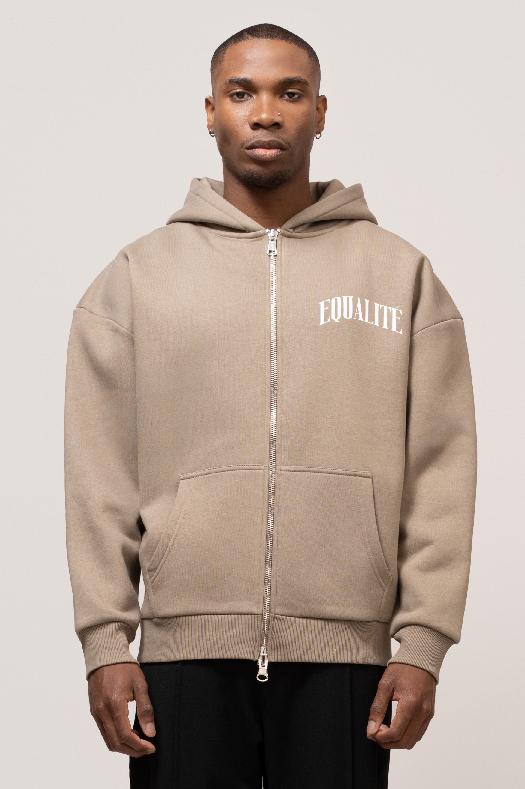 OLIVER OVERSIZED FULL ZIP HOODIE | TAUPE & OFF-WHITE