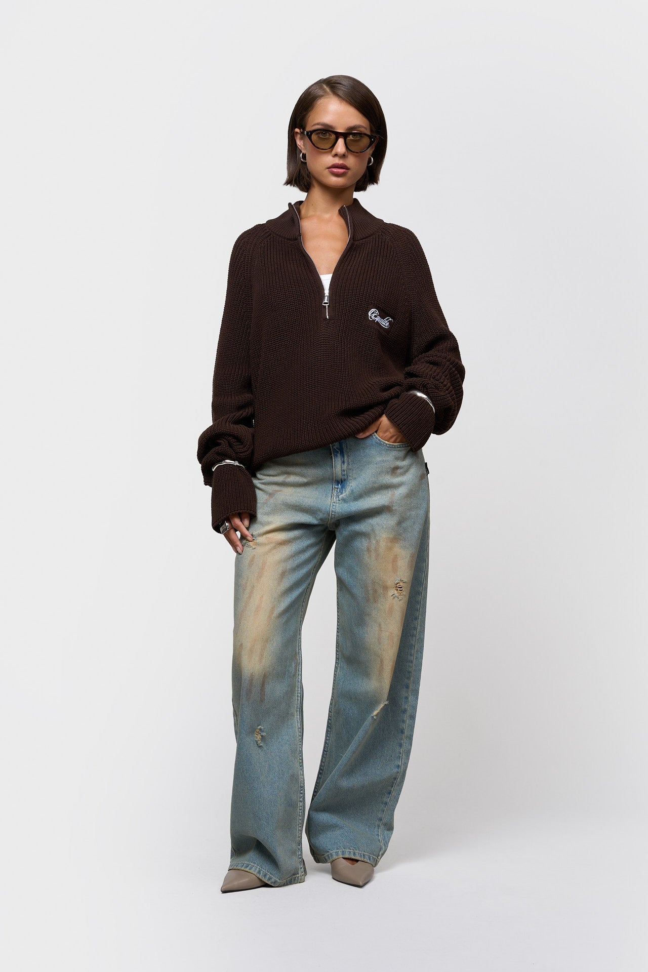FUNNEL KNIT SWEATER | BROWN