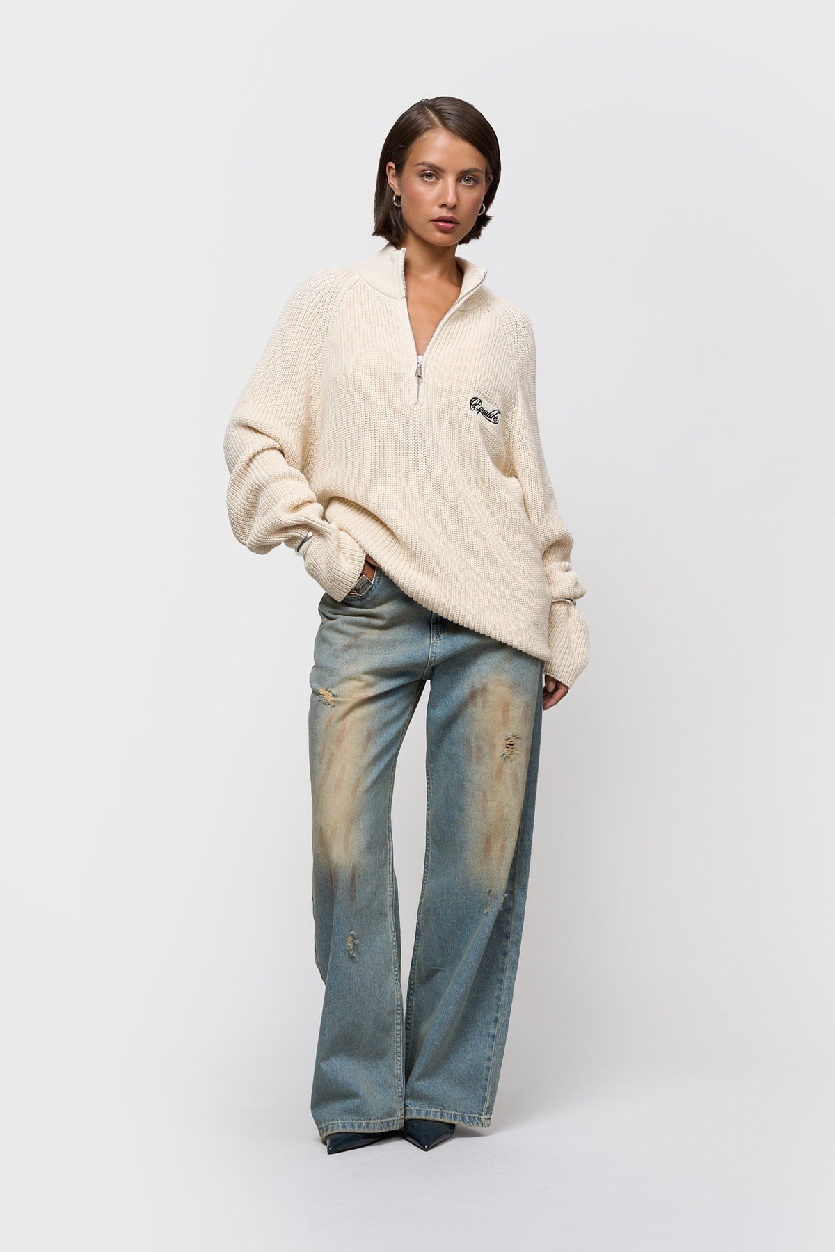 FUNNEL KNIT SWEATER | OFF-WHITE