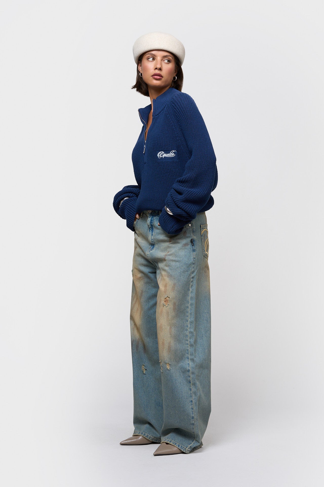 FUNNEL KNIT SWEATER | NAVY
