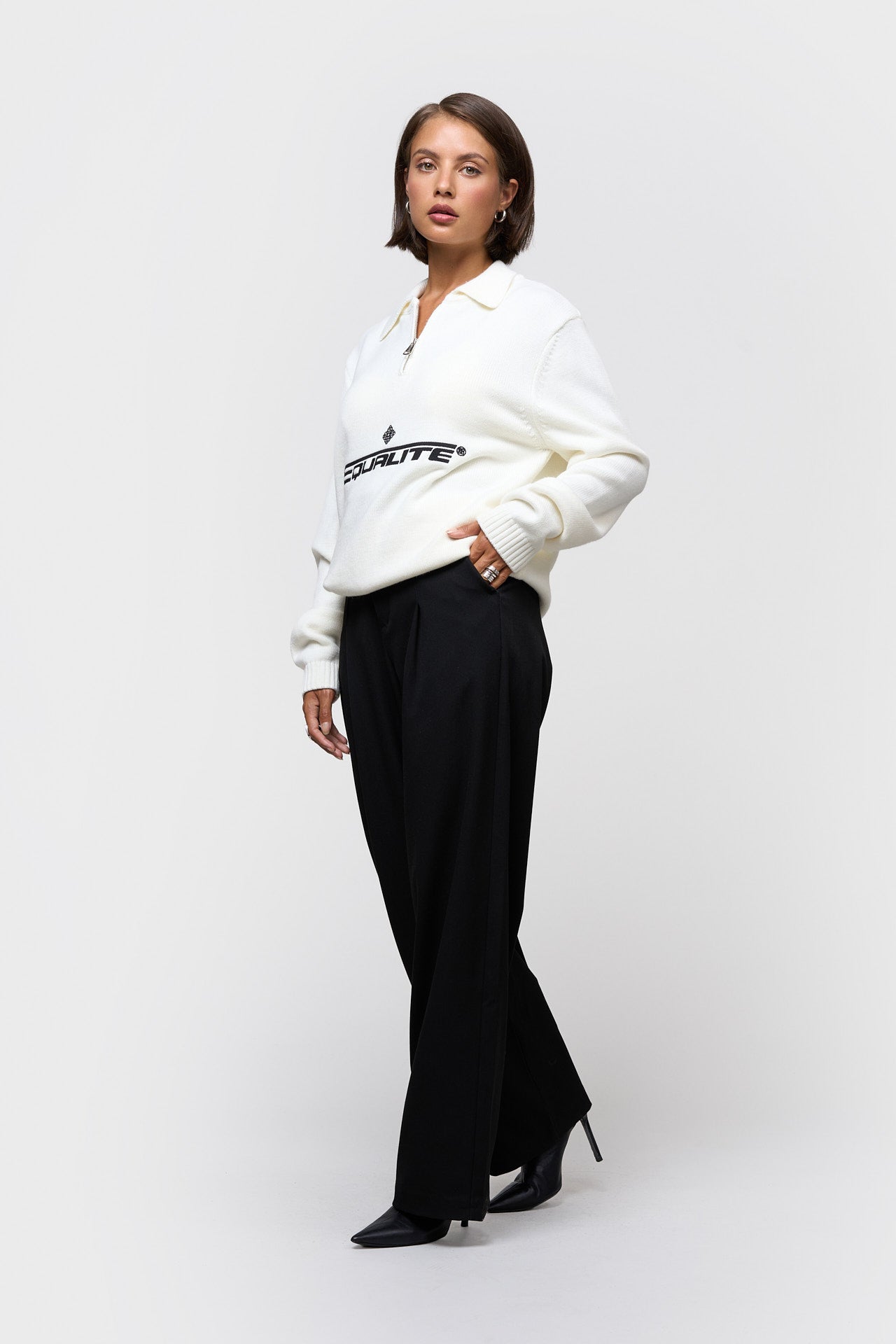 KNIT POLO QUARTER ZIP SWEATER | OFF-WHITE