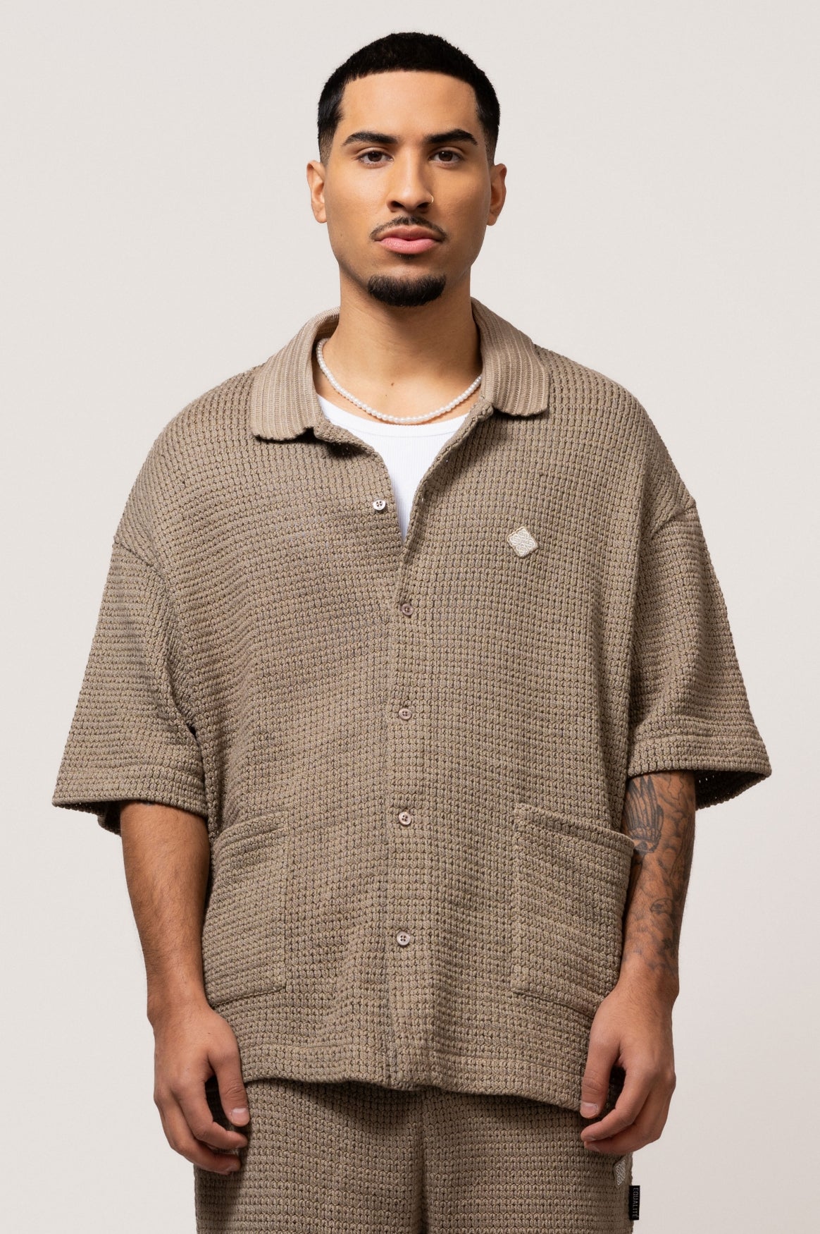 LYRA KNITTED CROCHED SHIRT | TAUPE