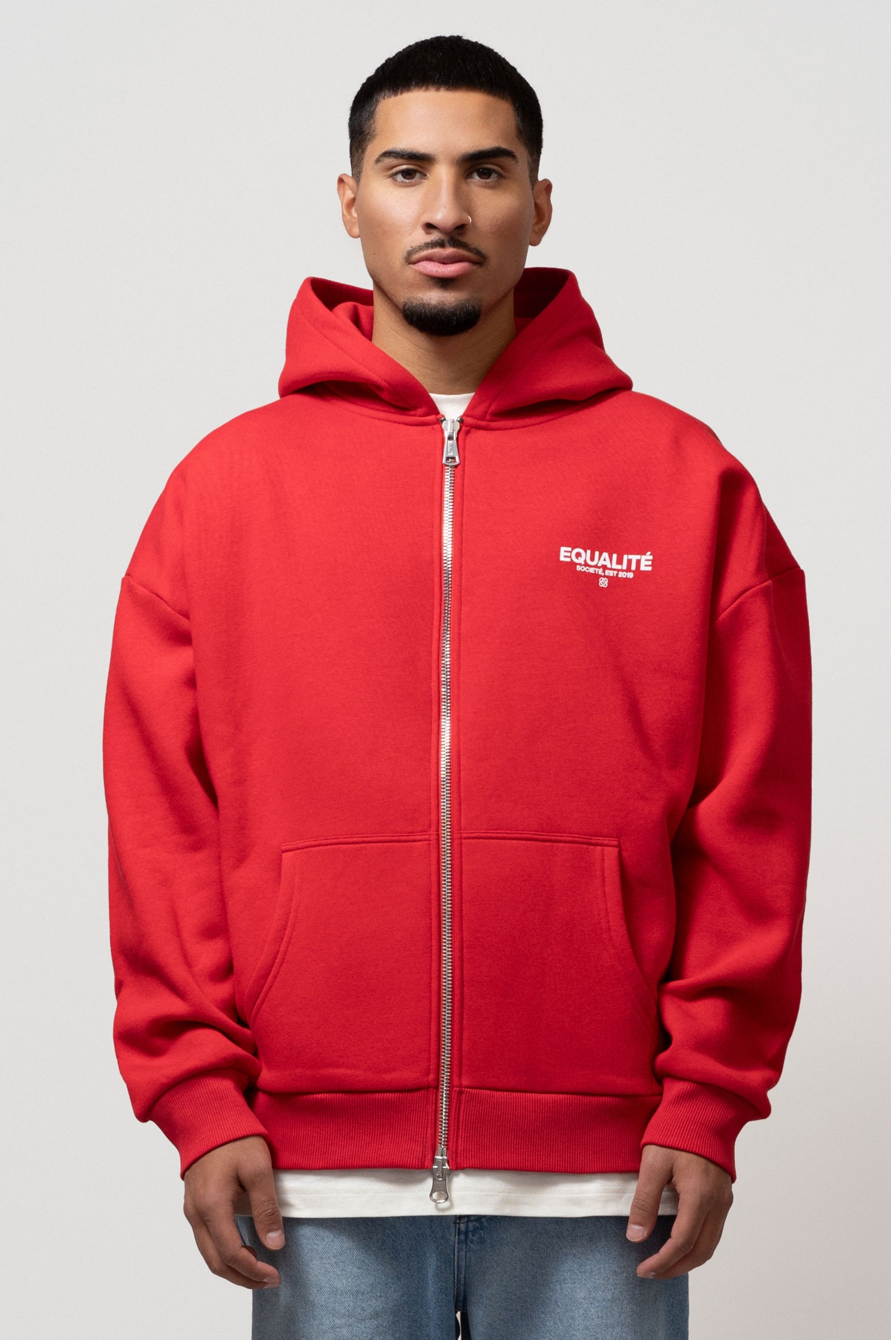 SOCIETÉ OVERSIZED FULL ZIP HOODIE | RED & WHITE